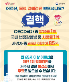 결핵ZERO 질병관리청 어르신, 무료 결핵검진 받으셨나요? 결핵 OECD국가 중 발생률 1위 국내 법정감염병 중 사망률 1위 사망자 중 65세 이상이 85% 만 65세 이상 어르신은 매년 1회 결핵검진을 거주지 관할 보건소에서 무료로 받으실 수 있습니다. 12월 31일까지 결핵검진으로 건강을 챙기세요! (신분증 지참 필요, 예산 소진시까지 검진 가능) 1339 질병관리청 콜센터